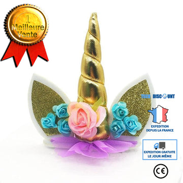 TD® Décoration de Gâteau Corne de Licorne/ Accessoire Anniversaire en Tissu Or pour Fête d'anniversaire Enfant